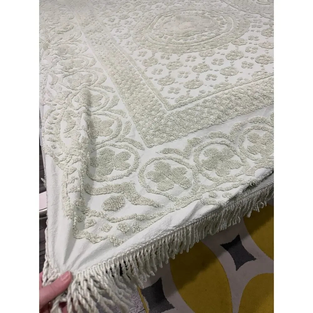 Vintage Green Chenille Fringe Bedspread Mint Sage Floral Cotton 101 X 68in